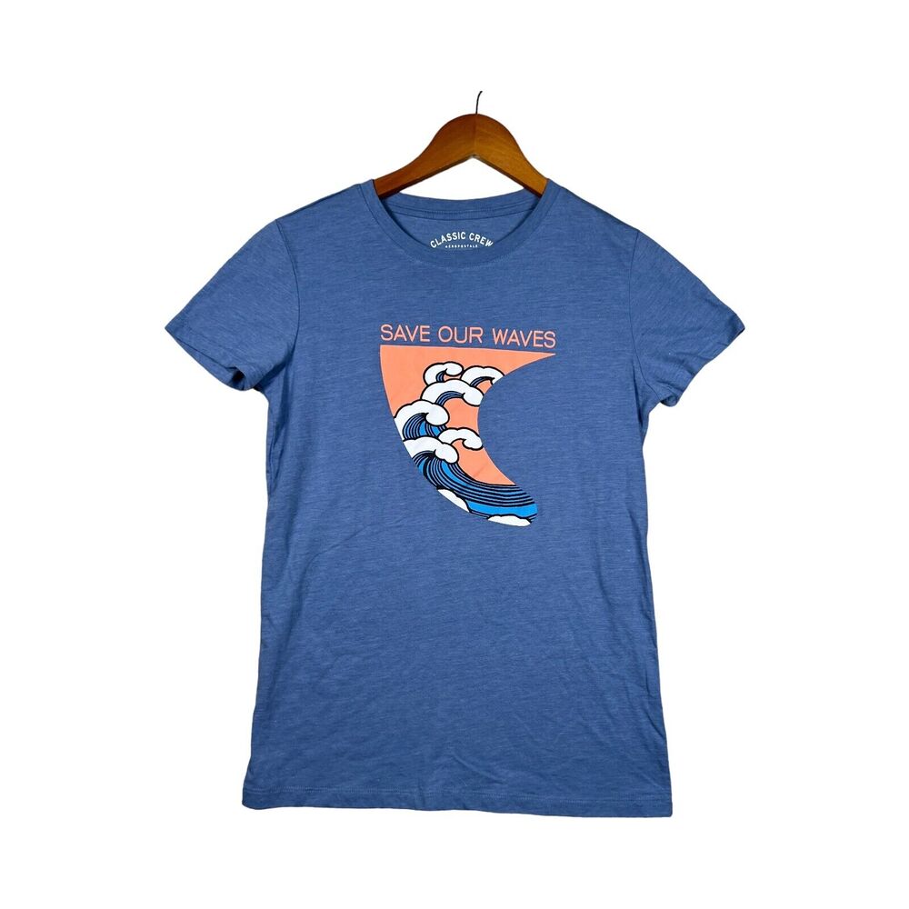 Aeropostale Classic Crew Save Our Waves Blue T Shirt Women's Surf Beach sz L
